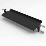 A SMAI Flat Shelf R20 - 108cm from the Vanta Series, shown in black with a rectangular metal bracket featuring two bolts on each end for mounting or securing objects such as a power rack shelf, is placed against a white background.