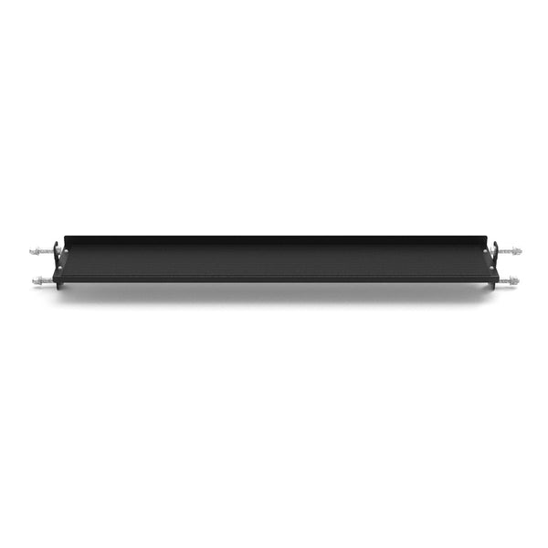 A black rectangular metal bracket from the SMAI Flat Shelf - Vanta Series, featuring mounting screws at each end, shown from above against a white background.