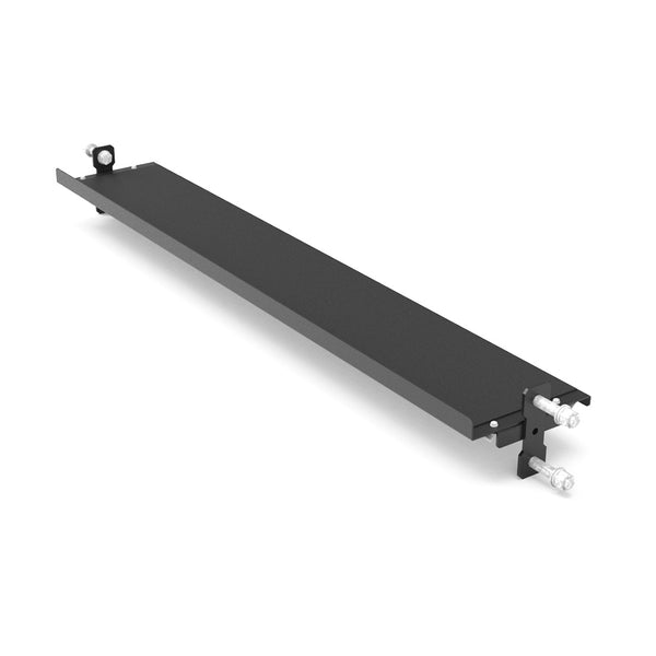 A long, rectangular black metal bracket with mounting hardware and bolts at each end, designed for structural support—ideal for the SMAI Flat Shelf - Vanta Series in the Power Rack Series.