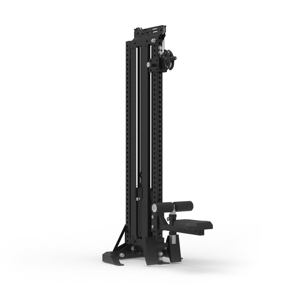 The SMAI Freestanding Cable Machine - Vanta Series is a black, adjustable gym unit with a vertical frame, weight stack, pulley system, and padded seat designed for versatile strength training exercises.