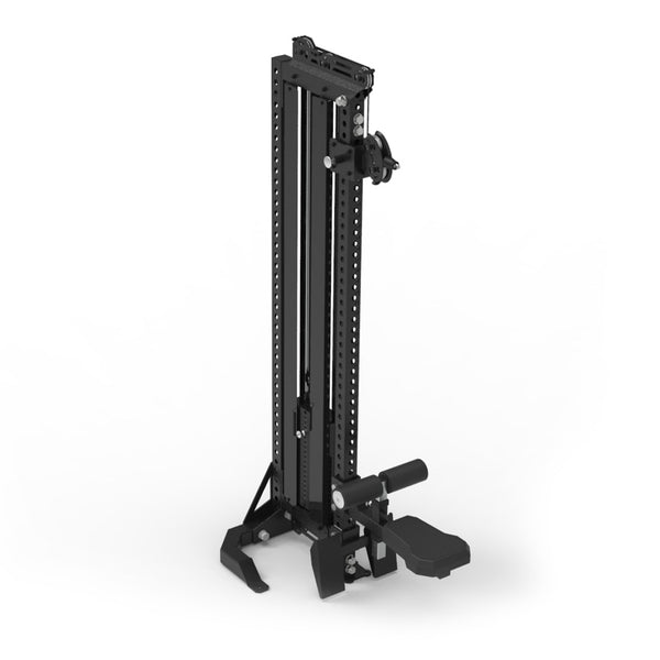 The SMAI Freestanding Cable Machine - Vanta Series is a black power rack unit with a vertical weight stack, multiple pulleys, and foot support for strength training, shown against a plain white background.
