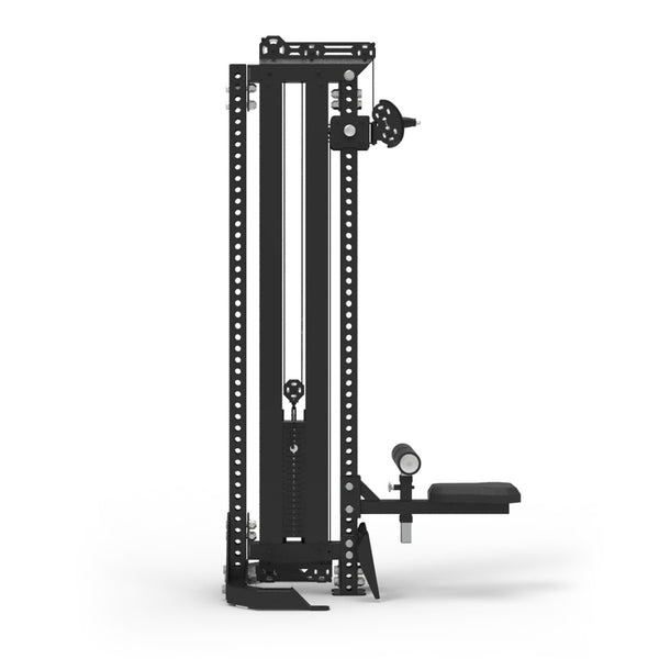 A tall, black SMAI Freestanding Upright - Vanta Series cable machine featuring pulleys, weight stacks, and an adjustable bench for strength training, shown against a plain white background.