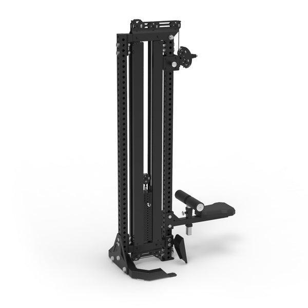 The SMAI Freestanding Cable Machine - Vanta Series is a black, vertical unit with a weight stack, adjustable pulleys, and padded leg attachment. Perfect for strength training exercises, shown here on a white background.