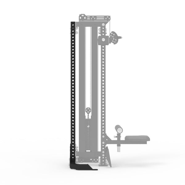 Side view of the SMAI Freestanding Upright - Vanta Series cable machine attachment, showcasing pulleys, weight stack, padded seat, and black upright with light accents—perfect for cable training on a fitness rack.