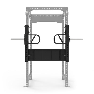 Front view of the SMAI Leg Press Attachment - Vanta Series, designed for strength training at home. Features two parallel handles and side bars; the grey rack structure contrasts with the black attachment.