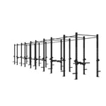 The SMAI The Yard - Rig - 10 Squat Cell is a large, black freestanding metal gym rig with multiple pull-up bars and squat stations in a row—perfect for group workouts in commercial gyms—displayed against a plain white background.