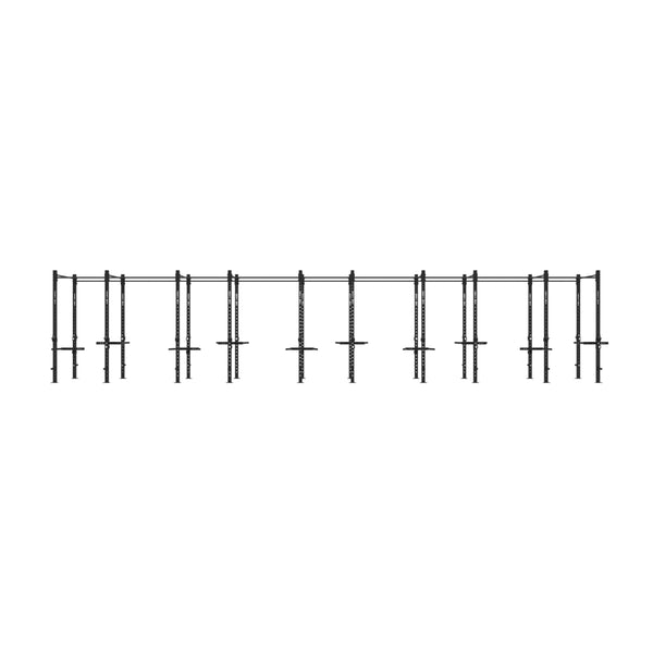 The SMAI The Yard - Rig - 10 Squat Cell is a black metal freestanding outdoor fitness structure with multiple pull-up bars and vertical posts, designed for bodyweight exercises, shown on a white background.