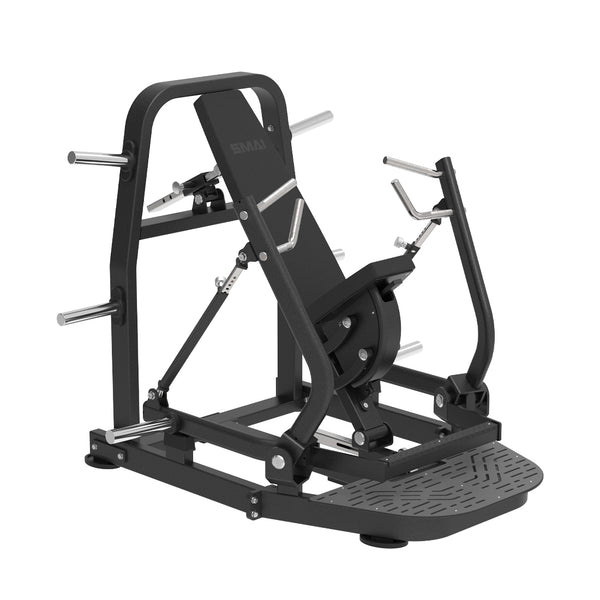 Black SMAI Commercial Plate Loaded Chest Press / Decline Press - CMX-06 with an adjustable seat and plate-loaded handles.