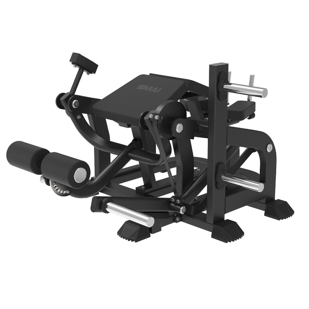 SMAI Commercial Plate Loaded Prone Leg Curl - CMX-08 featuring a black frame and foam leg rollers.