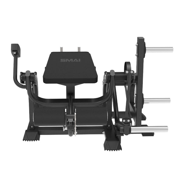 SMAI Commercial Plate Loaded Prone Leg Curl - CMX-08 with a black frame, padded bench, and three weight plate pegs on the side.