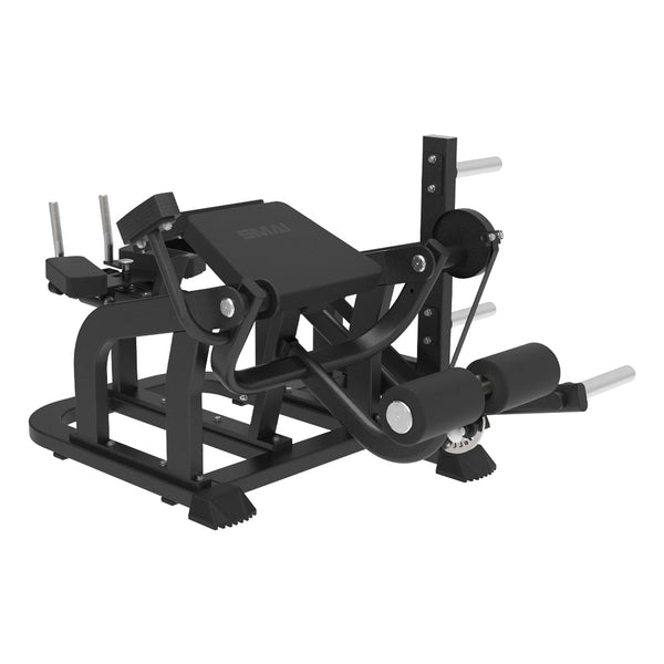 Black SMAI Commercial Plate Loaded Prone Leg Curl - CMX-08 with an adjustable leg pad and weight plate storage pegs.