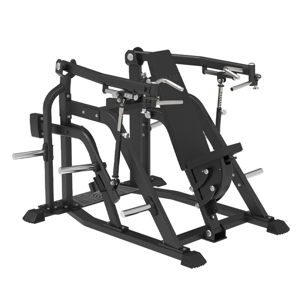 Black SMAI Commercial Plate Loaded Shoulder Press - CMX-10 featuring a padded seat and horizontal weight plate pegs for plate-loaded resistance.