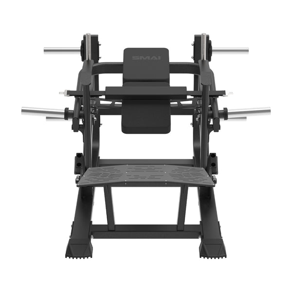 The SMAI Commercial Plate Loaded Glute Bridge - CMX-16 is a black commercial glute bridge machine featuring a padded backrest, a waist pad, and four weight plate storage pegs.