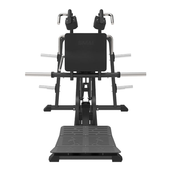 SMAI Commercial Plate Loaded V Squat - CMX-18 featuring shoulder pads, vertical handles, and an adjustable inclined frame with a slanted footplate.