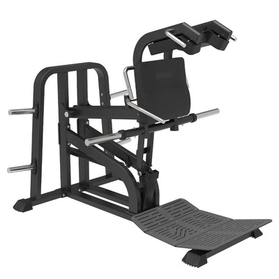 SMAI Commercial Plate Loaded V Squat - CMX-18, a black commercial V-squat machine featuring an adjustable inclined frame, shoulder pads, and a textured footplate.