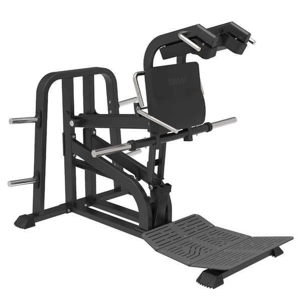 SMAI Commercial Plate Loaded V Squat - CMX-18, a black commercial V-squat machine featuring an adjustable inclined frame, shoulder pads, and a textured footplate.