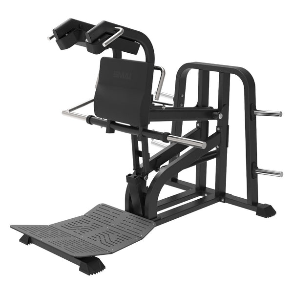 SMAI Commercial Plate Loaded V Squat - CMX-18 in black, featuring an adjustable inclined frame, shoulder pads, a textured footplate, and weight plate horns.