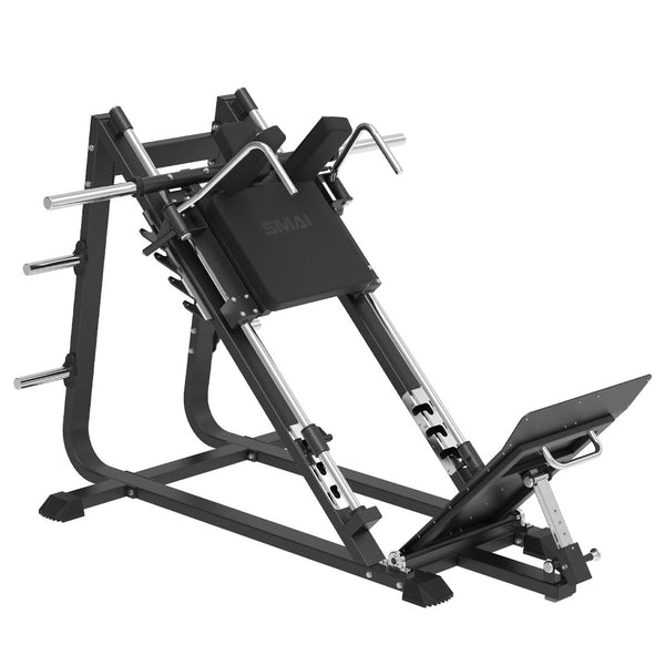 SMAI Commercial Plate Loaded Incline Squat - CMX-19 featuring a back pad, shoulder pads, and an adjustable foot plate.