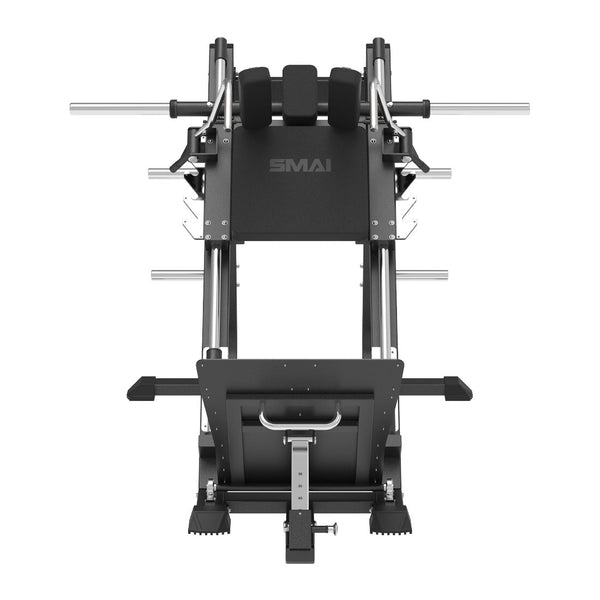 SMAI Commercial Plate Loaded Incline Squat - CMX-19 machine featuring a black backrest, shoulder pads, and an adjustable foot plate.