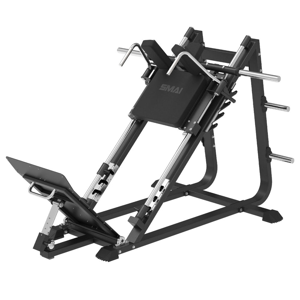 SMAI Commercial Plate Loaded Incline Squat - CMX-19 featuring a black frame, adjustable back pad, and weight plate storage pins.