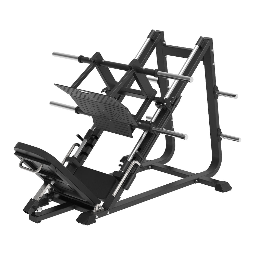 SMAI Commercial Plate Loaded Leg Press CMX-34, a 45-degree leg press machine featuring an adjustable seat and weight plate pegs on the sides.