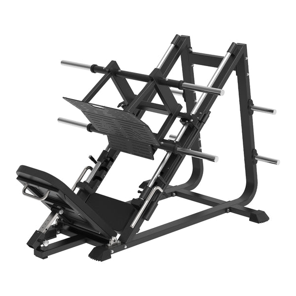 SMAI Commercial Plate Loaded Leg Press CMX-34, a 45-degree leg press machine featuring an adjustable seat and weight plate pegs on the sides.