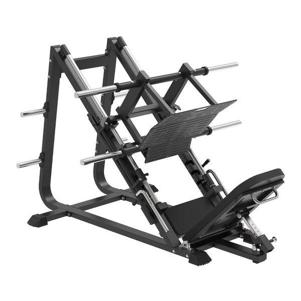 The SMAI Commercial Plate Loaded Leg Press CMX-34, a commercial 45-degree leg press featuring a black frame, adjustable back support, and a large metal footplate.