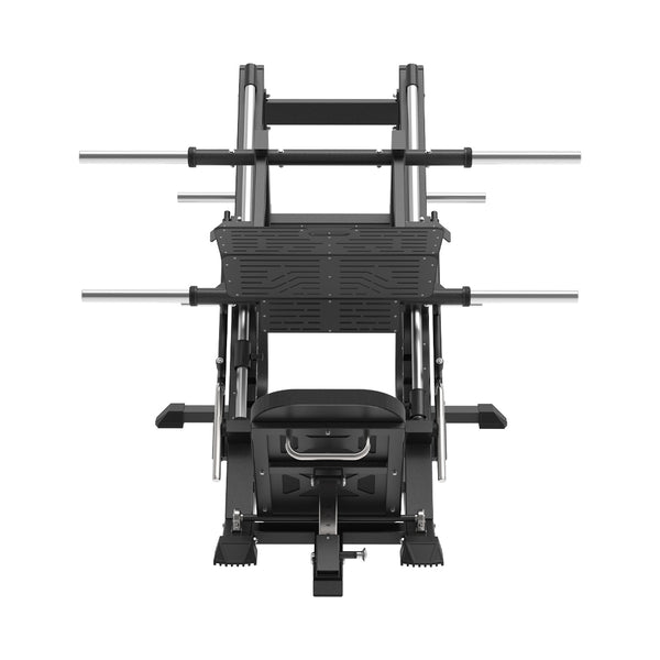 Front view of the SMAI Commercial Plate Loaded Leg Press CMX-34, featuring a backrest, footplate, and horizontal bars for weight plates.