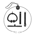 The SMAI Cable Pulley System is ideal for functional strength training and includes a metal pulley, wire rope with carabiners, black twisted tricep rope, straight pull-down bar, and two nylon straps with metal rings.
