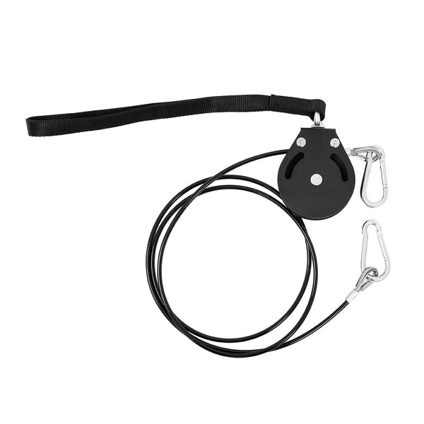The Yard - Cable Pulley System by SMAI features a black retractable design with a metal pulley, two silver carabiners, and a wrist strap—ideal for strength training or upgrading your home gym. Shown on a white background.