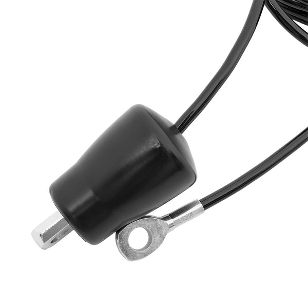 Close-up of the SMAI Replacement Cable for Vanta Series Cable Conversion Kit - Low Row Cable, featuring a black cable with a metal ring terminal and a flat connector with a black protective cap.
