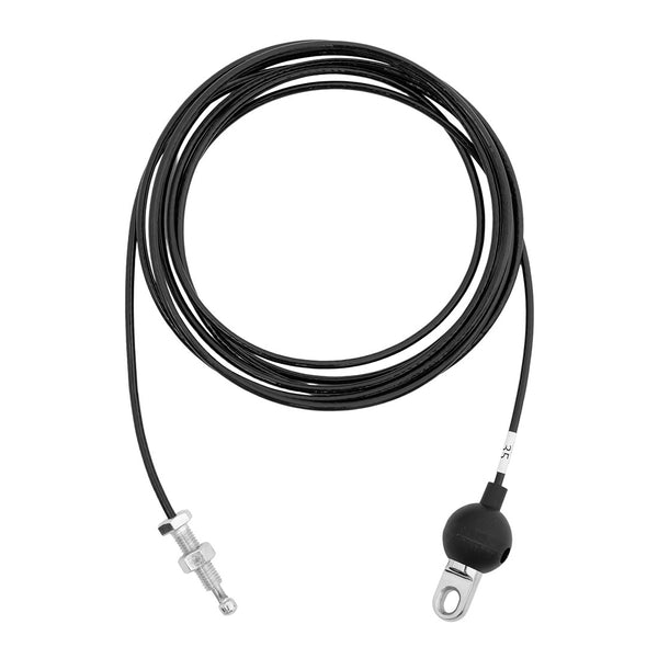 The SMAI Replacement Cable for Freestanding Lat Pull / Low Row (AF1002S-C35) features a coiled black design with a metal threaded connector on one end and a round black terminal with a looped metal connector on the other.