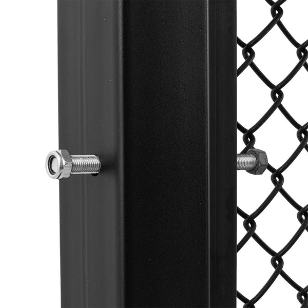 Close-up of an SMAI MMA Cage Wall - Single Panel attached to a black metal post. The post features a threaded bolt secured with nuts, maintaining the panel in place. The diamond-shaped pattern of the wall is clearly visible.