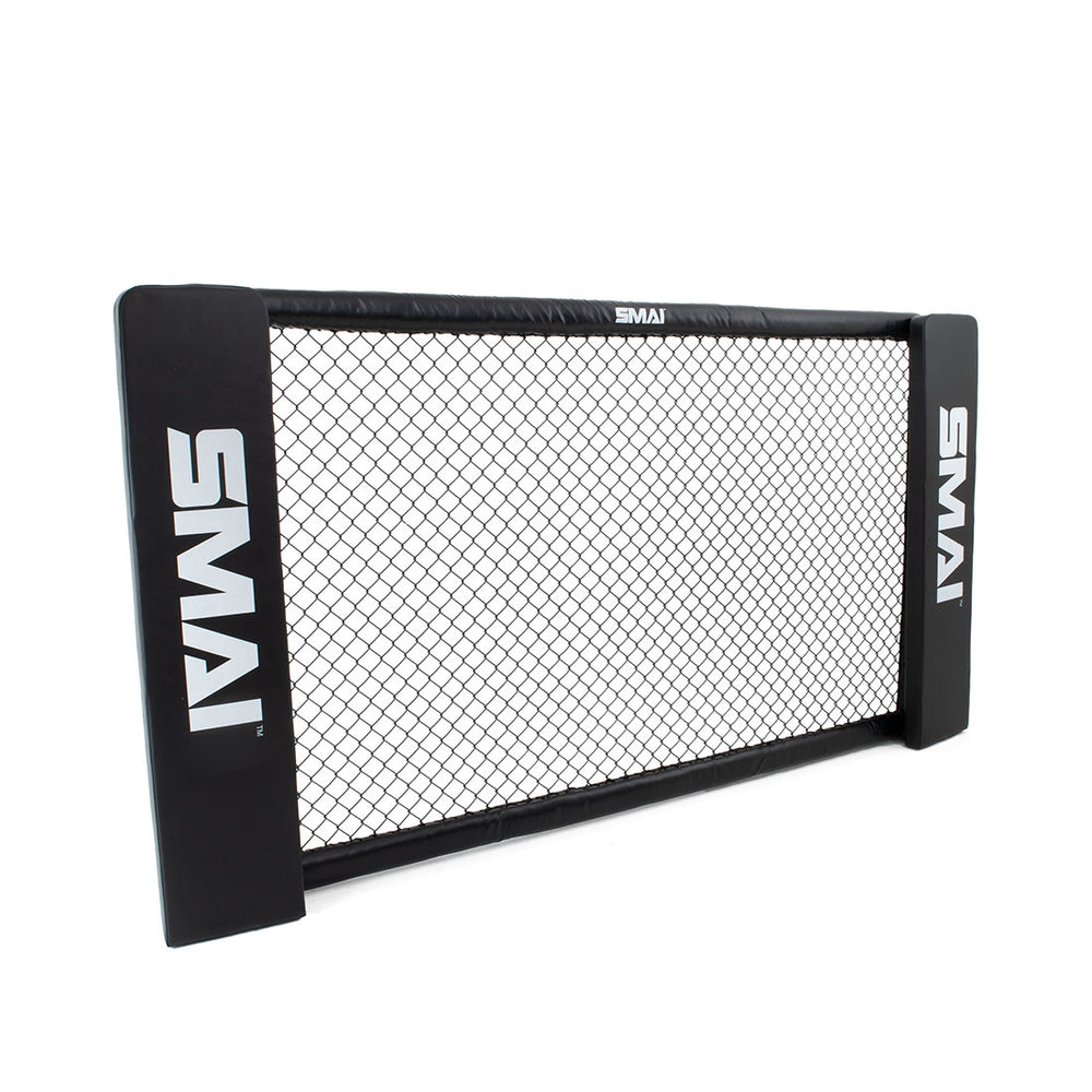 Against a pristine white background stands the sleek black MMA Cage Wall - Single Panel with reinforced mesh, branded by "SMAI.