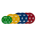 The SMAI Calibrated Weight Plates Set with Barbell - 140kg (Pair) includes green (10kg), yellow (15kg), blue (20kg), and red (25kg) plates—perfectly color-coded for barbell sets or powerlifting routines.