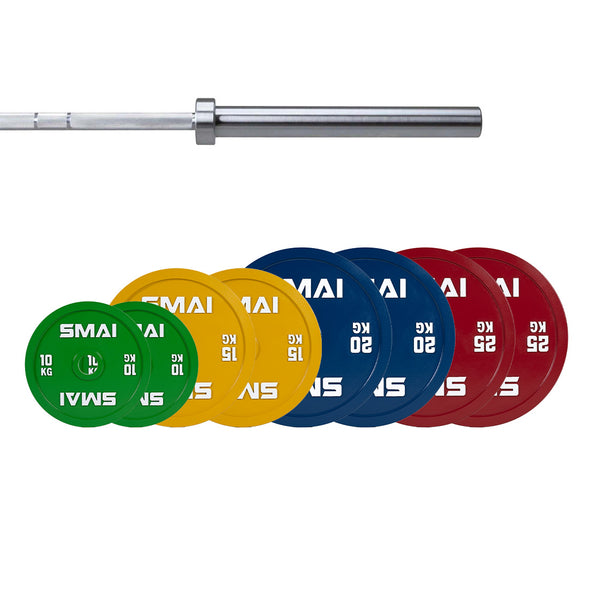 A silver barbell with the SMAI Calibrated Weight Plates Set (140kg pair)—green 10kg, yellow 15kg, blue 20kg, red 25kg plates—arranged in color pairs for powerlifting.