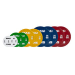 The SMAI Calibrated Weight Plate Pairs Set - 150kg features colorful plates in white, green, yellow, blue, and red, each clearly labeled in kilograms and neatly arranged in a row.