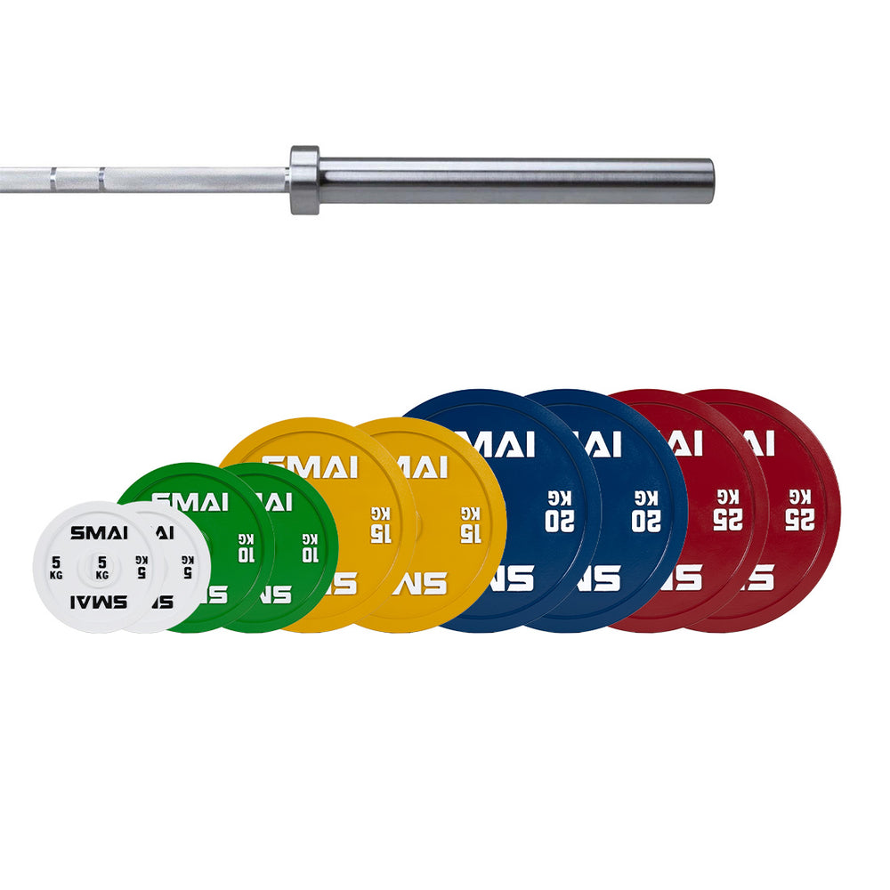 SMAI Calibrated Weight Plates Set with Barbell - 150kg (Pair) features clearly marked plates in white, green, yellow, blue, and red—arranged in a row—ideal for precise powerlifting training.