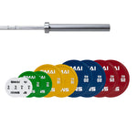 SMAI Calibrated Weight Plates Set with Barbell - 150kg (Pair) features clearly marked plates in white, green, yellow, blue, and red—arranged in a row—ideal for precise powerlifting training.
