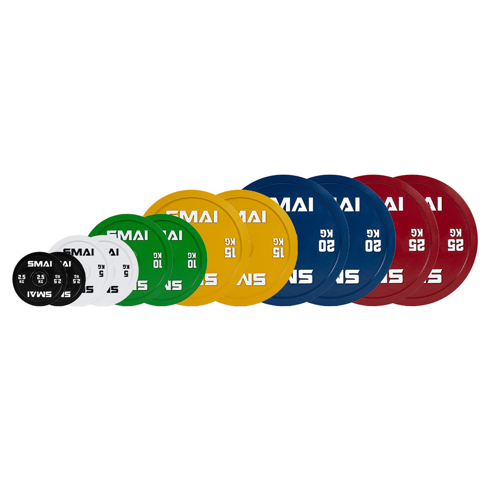 A set of color-coded, circular SMAI Calibrated Weight Plates Pairs Set - 155kg is arranged in a line. The plates are labeled with various kilogram amounts and the "SMAI" brand for precise lifting.
