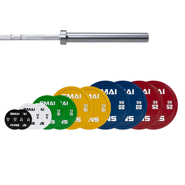The SMAI Calibrated Weight Plates Set with Barbell - 155kg (Pair) features pairs of colored plates in black, white, green, yellow, blue, and red with a silver barbell—perfect for any serious powerlifting environment.