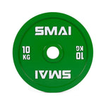 The SMAI Calibrated Weight Plates - 10kg (Pair) feature a green finish with "SMAI" in white at the top and bottom, and are marked "10 KG" on both sides—perfect for serious powerlifting sessions.