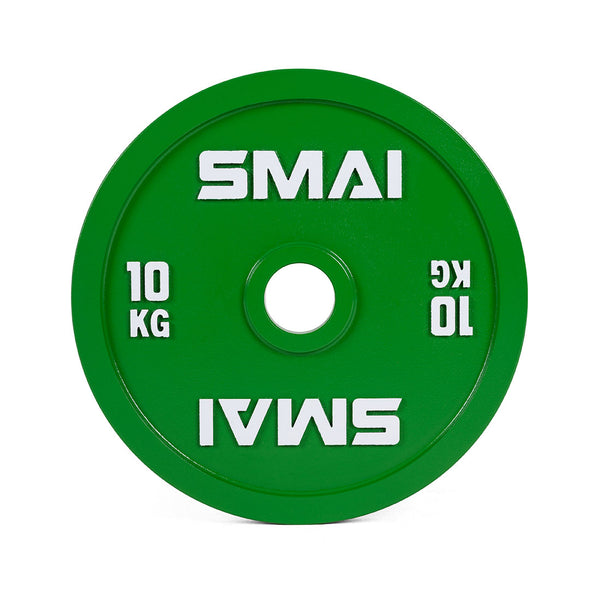 The SMAI Calibrated Weight Plates - 10kg (Pair) feature a green finish with "SMAI" in white at the top and bottom, and are marked "10 KG" on both sides—perfect for serious powerlifting sessions.