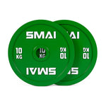 A pair of SMAI Calibrated Weight Plates - 10kg, green with white "SMAI" branding, partially overlapping on a white background.