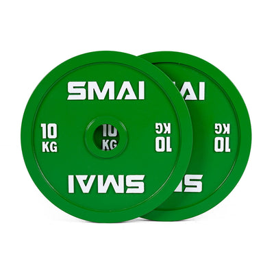 A pair of SMAI Calibrated Weight Plates - 10kg, green with white "SMAI" branding, partially overlapping on a white background.