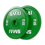 A pair of SMAI Calibrated Weight Plates - 10kg each are stacked together on a white background, showing their green color and circular center hole compatible with standard barbells.