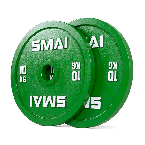 A pair of SMAI Calibrated Weight Plates - 10kg each are stacked together on a white background, showing their green color and circular center hole compatible with standard barbells.