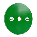 A pair of green, round SMAI Calibrated Weight Plates (10kg each) with a central hole and white "SMAI" stickers on either side, shown standing upright against a white background.
