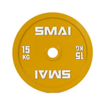 The SMAI Calibrated Weight Plates - 15kg (Pair) are yellow, each marked “SMAI” and “15 KG” in white on both sides—ideal for precision in powerlifting.