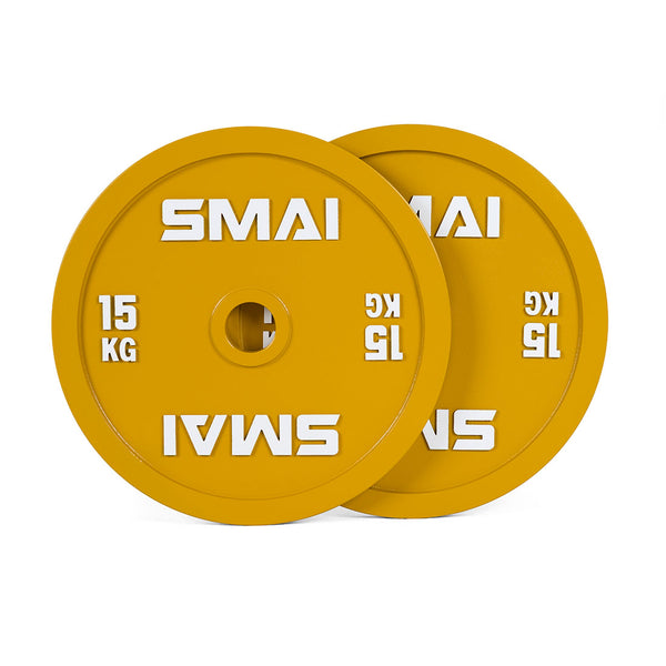 Two yellow SMAI Calibrated Weight Plates - 15kg (Pair) are stacked, with one plate slightly in front to show the front and partial back views. The white "SMAI" logo is visible on both plates.